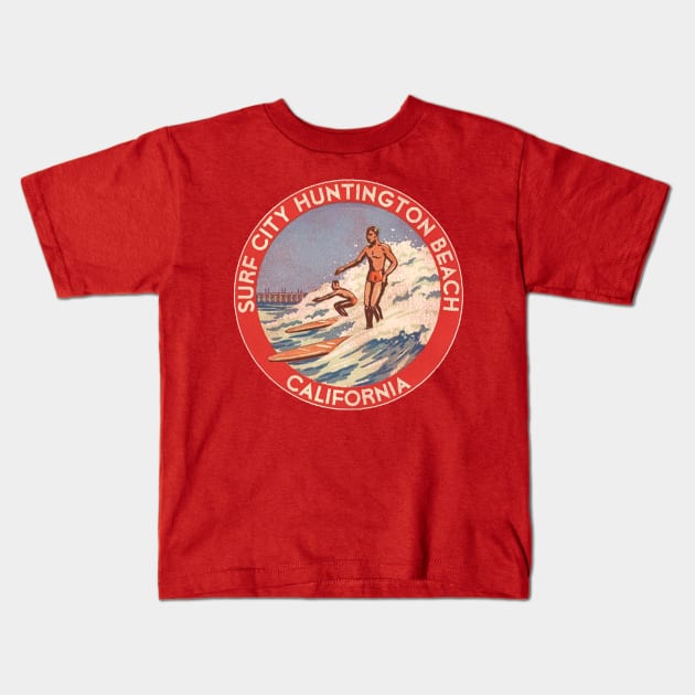 Retro Huntington Beach CA 70s Surf City Souvenir Kids T-Shirt by darklordpug